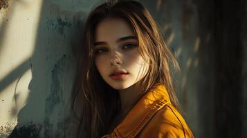 Woman with long brown hair and a yellow jacket. She is looking at the camera. Scene is warm and inviting photo