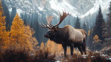 Large deer stands in a field of grass and trees. The deer is brown and has large antlers. The image has a peaceful and serene mood, as the deer is standing in a natural setting photo