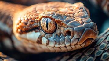 Close up of a snake's face with a brown and white pattern. The snake's eyes are large and prominent, and its mouth is open photo