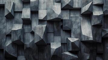 Wall made of gray blocks with a rough texture. The blocks are arranged in a way that creates a sense of depth and dimension. Scene is one of ruggedness and strength, as the blocks seem to be solid photo