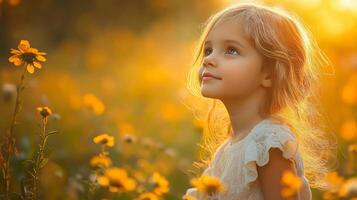 Young girl is standing in a field of yellow flowers, looking up at the sky. Concept of innocence and wonder, as the girl seems to be lost in thought or simply enjoying the beauty of nature photo