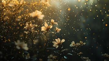 Field of flowers with a lot of light shining on them. The flowers are yellow and the light is creating a beautiful, sparkling effect photo