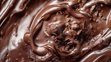 Chocolate sauce with chocolate chips on top. The sauce is thick and has a rich, dark color. The chocolate chips are scattered throughout the sauce, creating a visually appealing texture photo