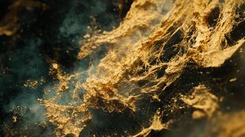 Gold and black image of a wave with smoke in the background. The smoke is coming from a fire, and the wave is crashing into the shore. The image has a sense of chaos and destruction, with the fire photo