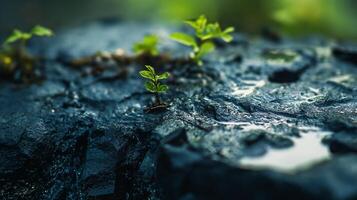 Small plant is growing on a rock. The rock is wet and the plant is green. Concept of growth and resilience, as the plant is able to thrive in a harsh environment photo