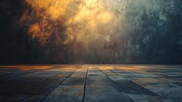 Dark room with a wooden floor and a wall with a cloudy sky. The room is empty and the sky is orange photo