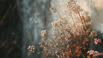 Close up of a bunch of flowers with a wall in the background. The flowers are mostly white and some are pink photo