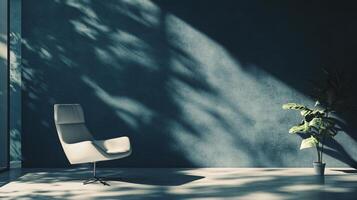 White chair is sitting in front of a wall with a plant in a pot. The room is empty and the chair is the only piece of furniture. The sunlight is shining on the chair, creating a warm photo