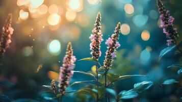 Bunch of pink flowers are in a field with a blue sky in the background. The flowers are in full bloom and the sky is bright and sunny. Scene is peaceful and serene, as the flowers photo