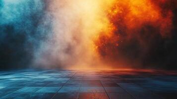 Fiery scene with smoke and flames in the background. The fire is a mix of blue and orange, creating a striking contrast. The smoke is also blue and orange, adding to the dramatic effect of the scene photo