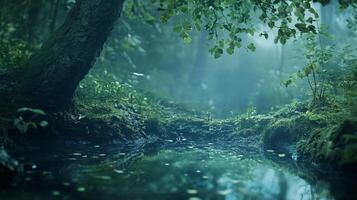 Tranquil forest scene with a large tree and a small stream running through it. The water is calm and clear, reflecting the surrounding trees and sky photo
