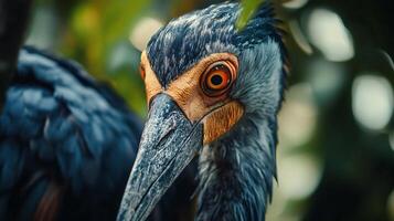 Bird with a black head and orange beak. The bird is looking at the camera. The bird is in a natural setting photo