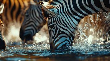 Zebra is drinking water in a river. The water is clear and calm. The zebra is the main focus of the image photo