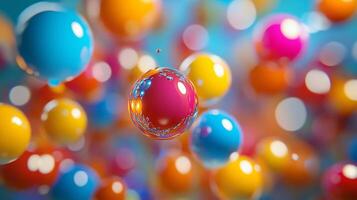 Colorful bunch of balls with one of them being pink. The balls are scattered all over the image, creating a vibrant and playful atmosphere photo