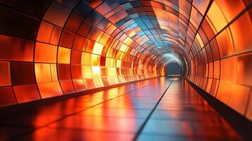 Long tunnel with orange bricks and a blue stripe. The tunnel is lit up with a warm glow photo