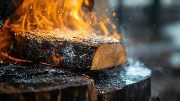Log is burning in a fire, with the flames and smoke creating a dramatic and intense atmosphere photo