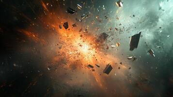Space explosion with debris flying everywhere. The debris is scattered all over the scene, creating a chaotic and dangerous atmosphere photo