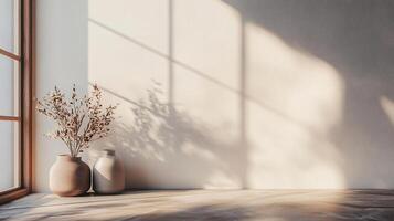 White room with a window and two vases on a table. The vases are empty and the room is very clean photo