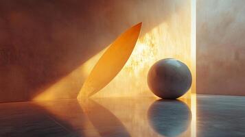 White egg sits on a grey floor in a room with a wall. The egg is surrounded by a shadow, which is cast by a surfboard leaning against the wall. The room is dimly lit, creating a moody atmosphere photo
