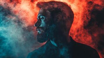 Man with a beard is standing in front of a red and blue background. The background is blurry and has a hazy look to it. The man's face is the only clear part of the image photo