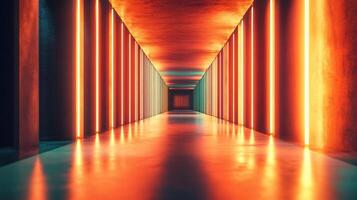 Long hallway with neon lights on the walls. The lights are orange and yellow, creating a warm and inviting atmosphere. The hallway is empty, giving it a sense of openness and spaciousness photo