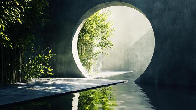 Large, round hole in a concrete wall with a tree growing out of it. The hole is surrounded by a path of concrete and water. The scene is peaceful and serene photo