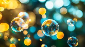 Series of bubbles in a blue and yellow background. The bubbles are floating in the air and are of different sizes. The image has a playful and whimsical mood, as the bubbles seem to be dancing photo