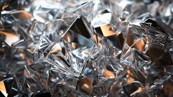 Close up of a bunch of shiny, clear, diamond shaped pieces. The image has a shiny, reflective quality to it, and the diamonds seem to be scattered all over the surface. Scene is one of luxury photo