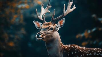Deer with antlers is standing in a forest. The deer is brown and white with a lot of spots photo