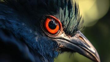 Bird's eye is shown in a close up. The eye is red and the bird's head is black photo