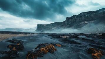 Desolate landscape with a rocky beach and a cliff in the background. The sky is cloudy and the atmosphere is somber photo