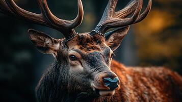 Deer with brown antlers is standing in a forest. The deer has a curious look on its face photo