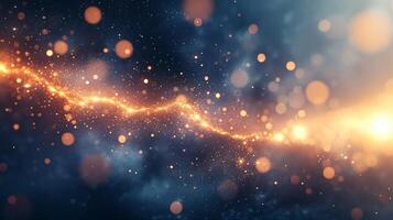 Bright orange line of light is streaking through a blue sky. The light is surrounded by a cloud of glittering particles, creating a sense of movement and energy. The scene is dynamic photo