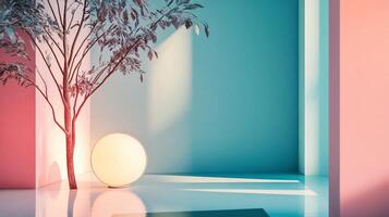 Tree is in the foreground of a room with a white lamp in the middle. The room is painted in a light blue color photo