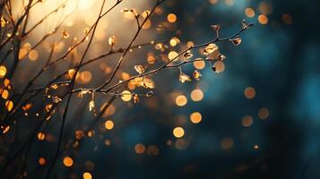 Branch with leaves and a few drops of water on it. The leaves are orange and the water is reflecting the light photo