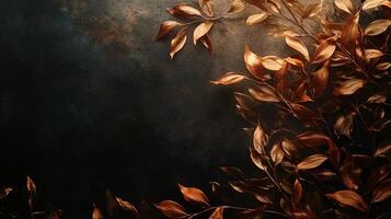 Dark background with a tree branch in the foreground. The branch is full of leaves, and the leaves are golden in color photo