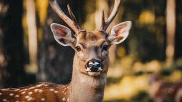 Deer with antlers is standing in a forest. The deer has a curious expression on its face photo