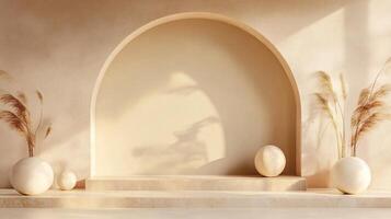 White archway with a white wall behind it. The archway is empty and the wall is bare. There are two vases on either side of the archway photo