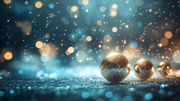 Blue background with a few gold balls scattered around. The balls are reflecting the light and creating a sparkling effect. Scene is festive and joyful, as if it were a Christmas scene photo