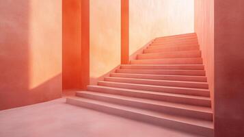 Staircase in a red room with a light shining on it. The staircase is made of concrete and is very tall photo