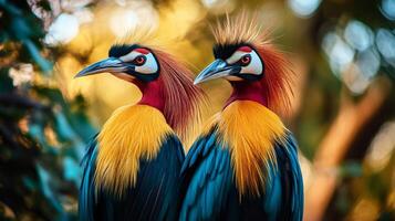 Two birds with colorful feathers are standing next to each other. The birds are facing the camera and appear to be looking at it. The image has a bright and lively mood photo