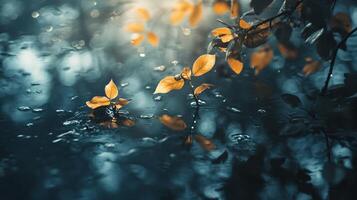 Leafy tree with a few leaves on it is in a pond. The leaves are wet and the pond is calm photo
