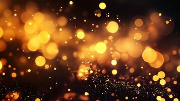 Blurry image of gold sparkles with a dark background. Concept of mystery and intrigue, as the gold sparkles seem to be floating in the air. The dark background adds to the overall mood of the image photo