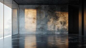 Large room with a wall that is covered in a textured material. The room is empty and has a very modern feel to it photo