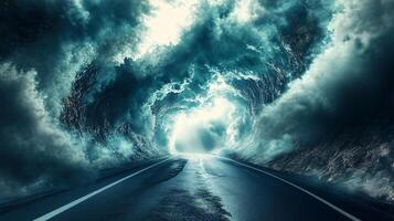 Road with a tunnel in the middle of a storm. The tunnel is illuminated by a light, creating a sense of mystery and danger photo