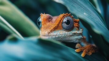 Small brown and white lizard is peeking out from behind a leaf. The lizard has a curious expression on its face, and its eyes are open wide. Concept of curiosity and wonder photo