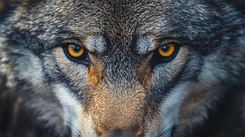 Wolf with yellow eyes staring at the camera. The wolf's fur is brown and gray. Concept of strength and power photo