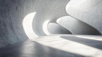 Large, empty room with a curved wall and a curved ceiling. The room is mostly white, with a few shadows cast by the light. Scene is calm and serene, with the empty space photo