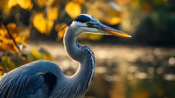 Large bird with a long neck and a black beak stands in front of a body of water photo