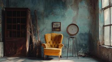 Yellow chair sits in front of a wall with a picture on it. The room is empty and has a somewhat eerie atmosphere photo